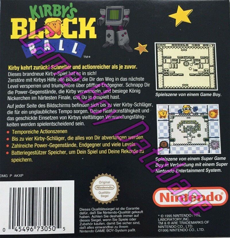 Kirby's Block Ball NOE Back of the box