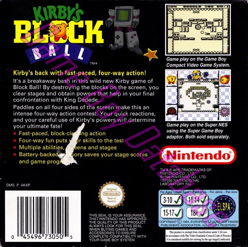 Kirby's Block Ball UKV Back of the box