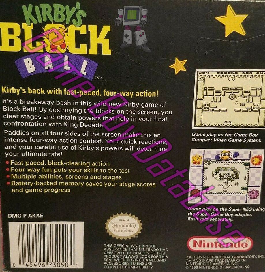 Kirby's Block Ball USA Back of the box