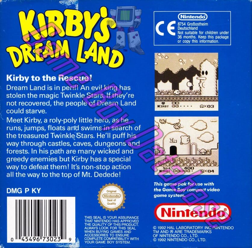 Kirby's dream land UKV-1 Back of the box