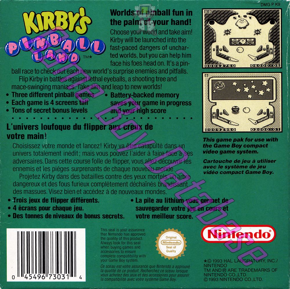 Kirby's Pinball Land FAH Back of the box