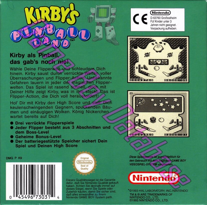 Kirby's Pinball Land FRG-1 Back of the box