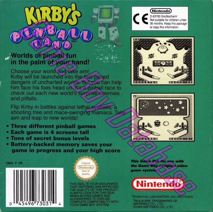 Kirby's Pinball Land UKV Back of the box