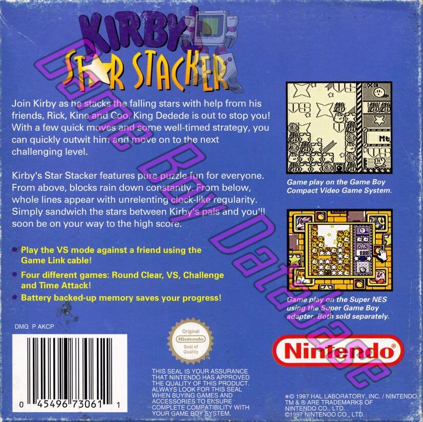 Kirby's Star Stacker AUS Back of the box