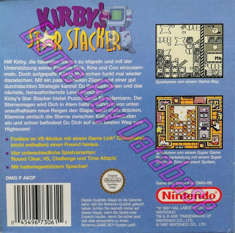 Kirby's Star Stacker NNOE Back of the box