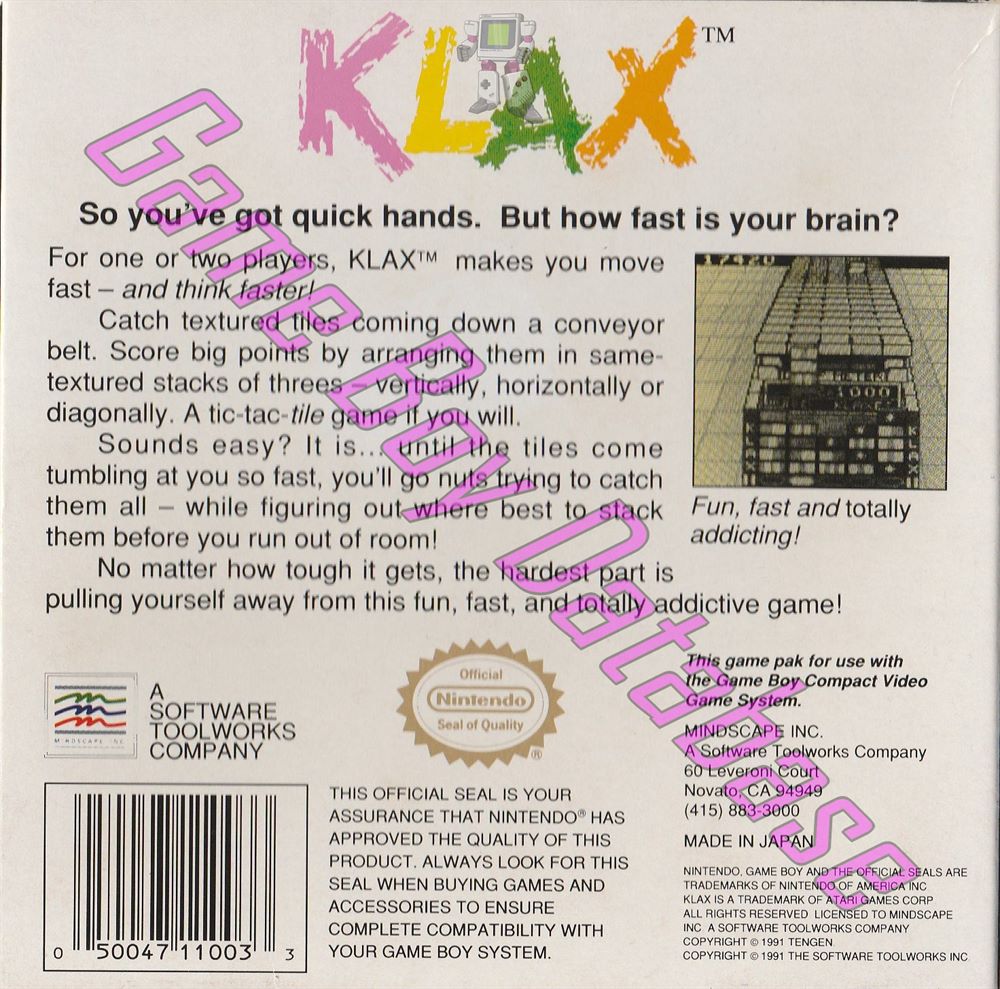 Klax (American version) USA Back of the box