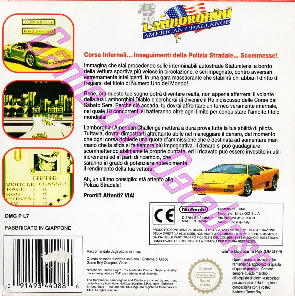 Lamborghini American Challenge ITA Back of the box