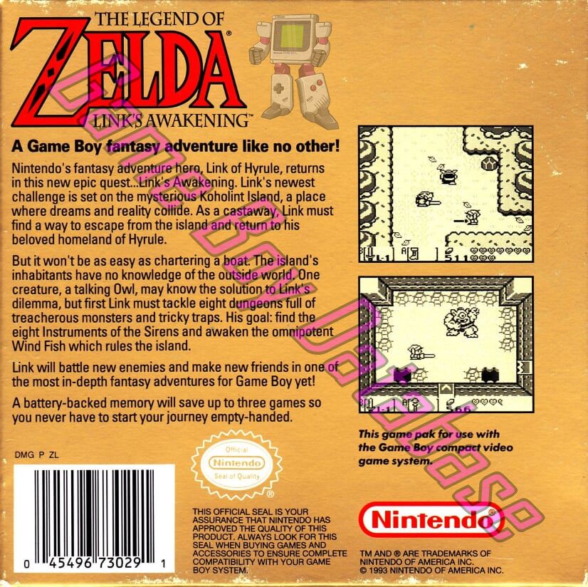 Legend of Zelda Link's Awakening (the) USA Back of the box