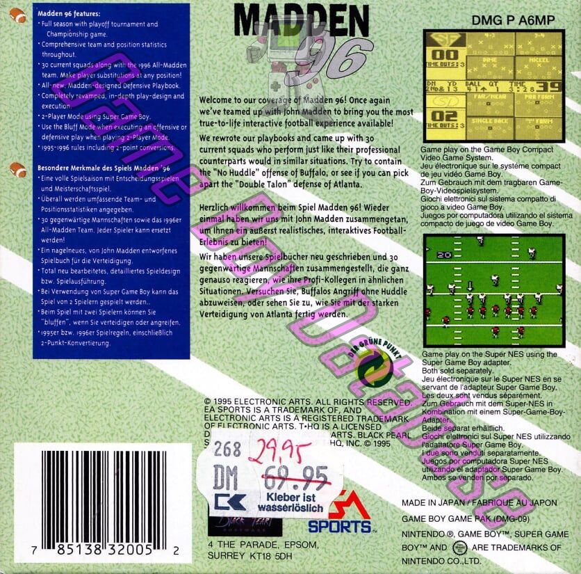 Madden NFL 96 EUR Back of the box