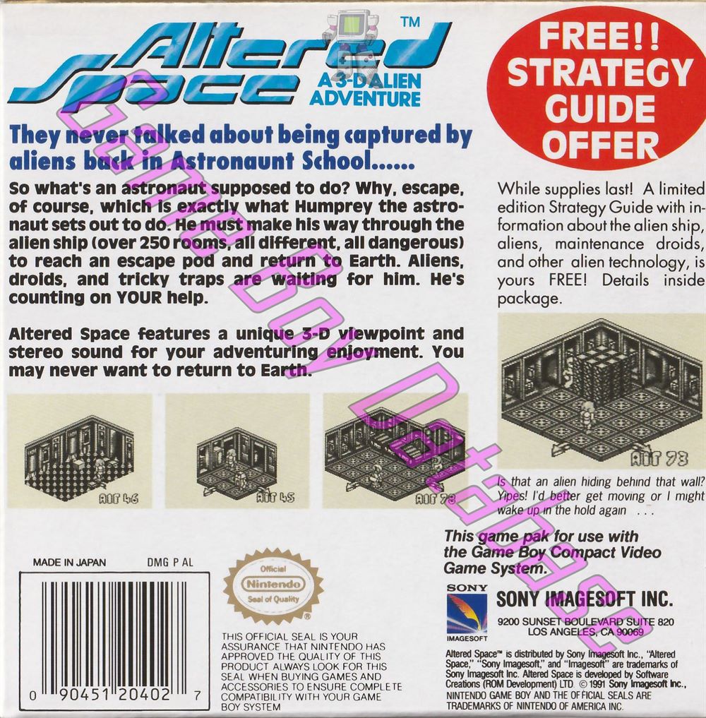 Altered Space a 3-D Alien Adventure USA Back of the box