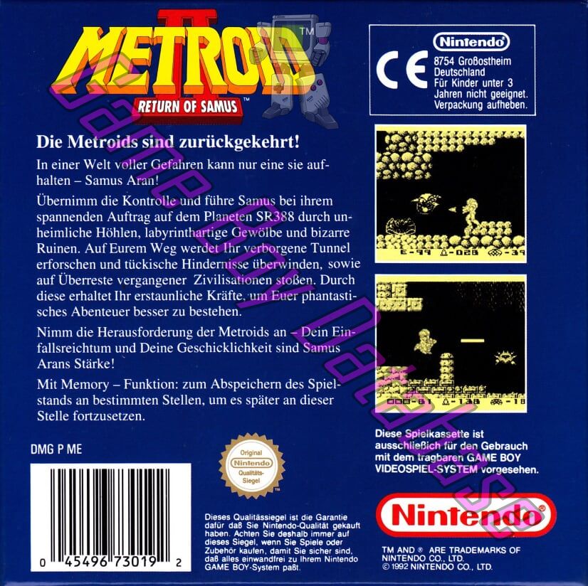 Metroid II Return of Samus NOE Back of the box