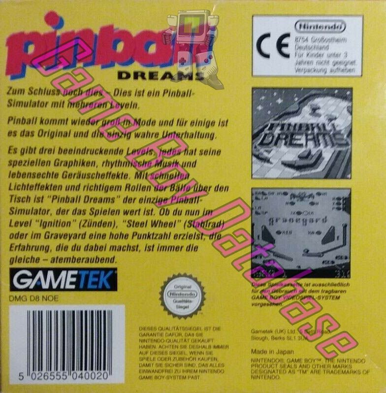 Pinball Dreams NOE Back of the box