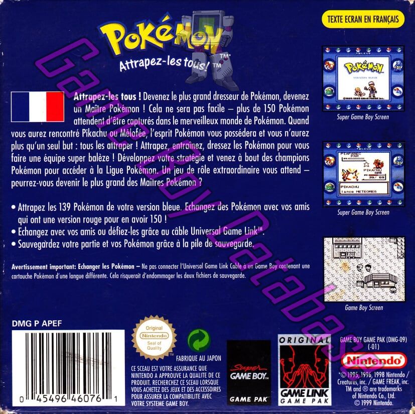 Pokemon Version bleue NFRA-1 Back of the box