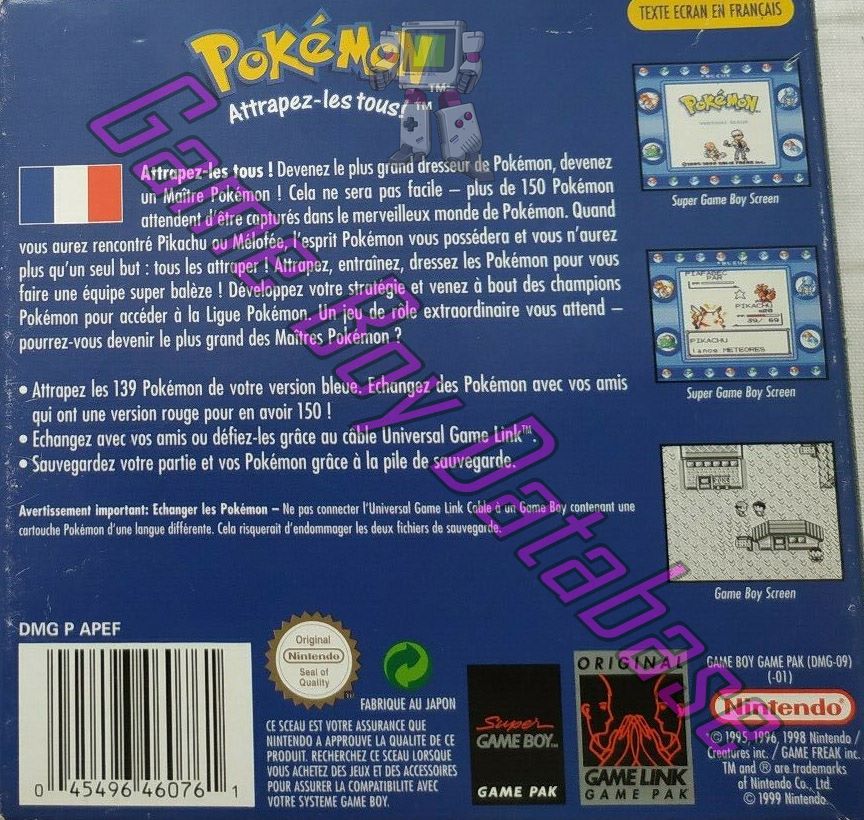 Pokemon Version bleue NFRA-2 Back of the box