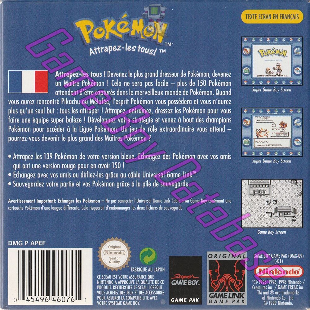 Pokemon Version bleue NFRA-3 Back of the box