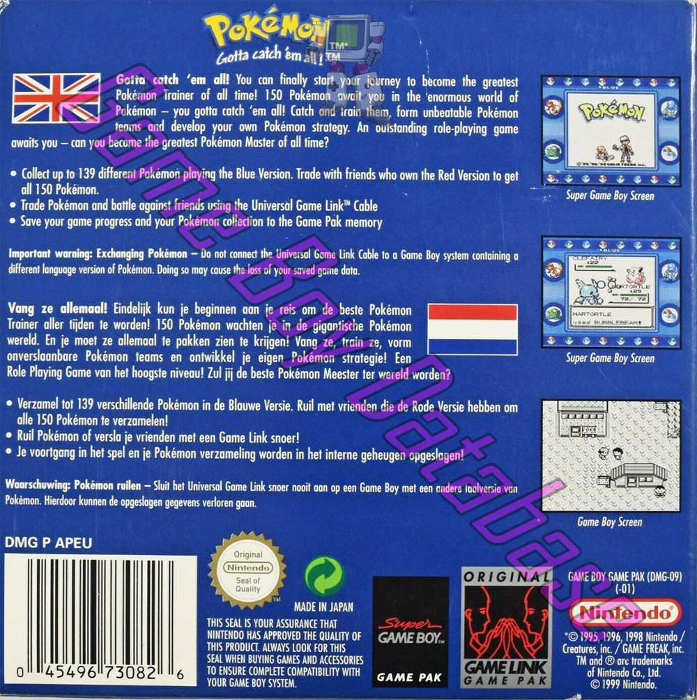 Pokemon : Blue Version NHAU-1 Back of the box