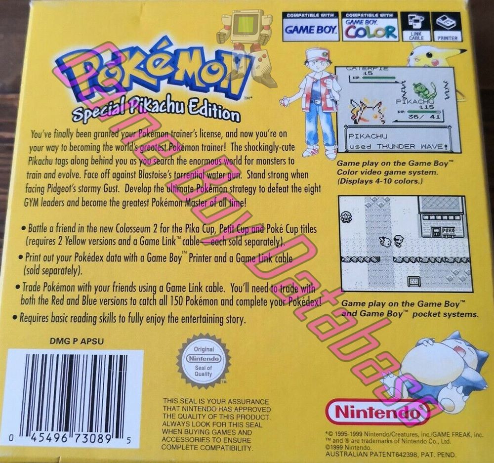 Pokemon Special Pikachu Edition Yellow Version AUS Back of the box