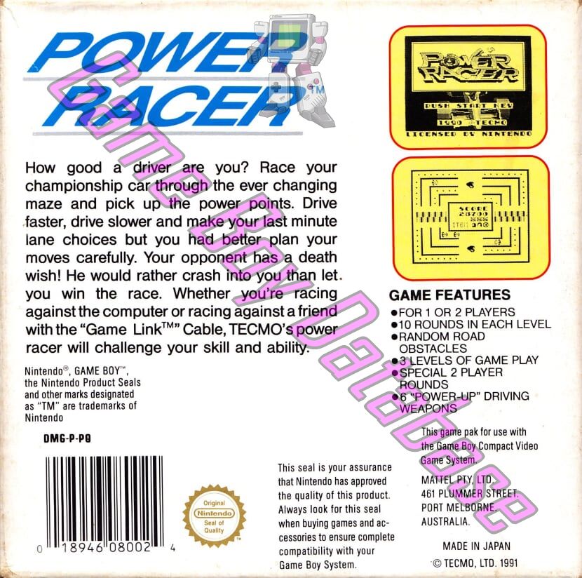 Power Racer AUS Back of the box