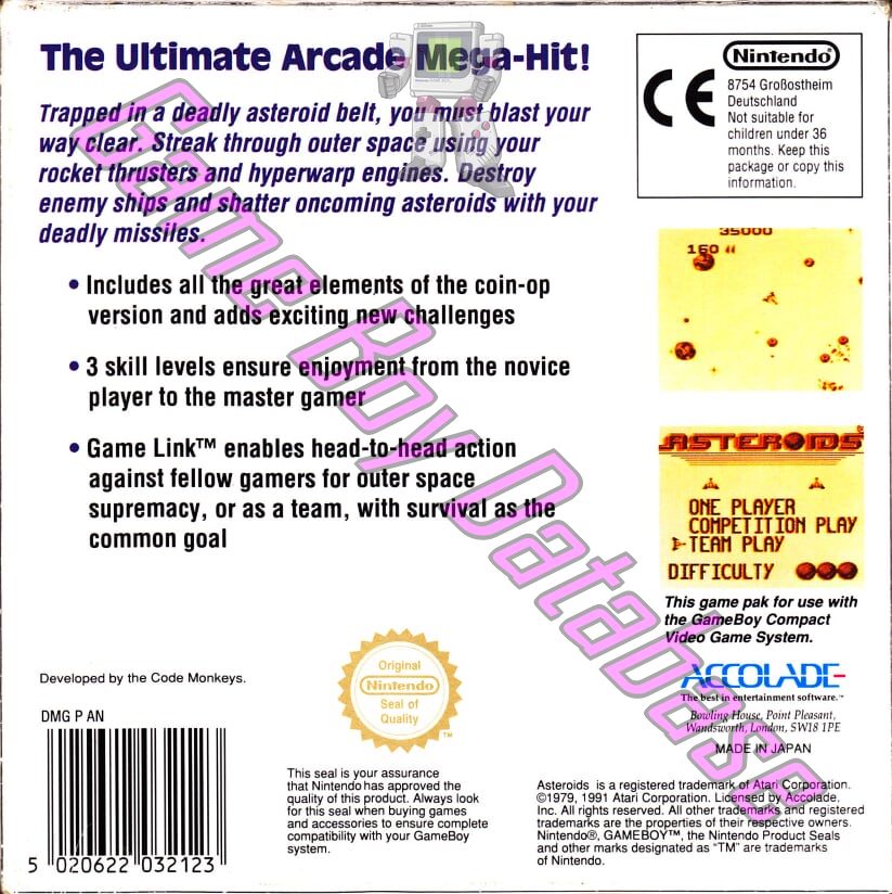 Asteroids GPS Back of the box