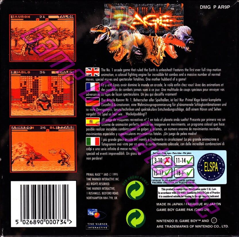 Primal Rage EUR Back of the box