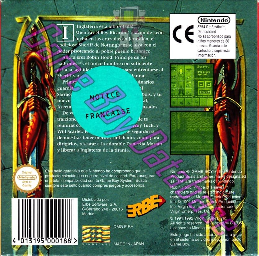 Robin Hood Prince of Thieves ESP Back of the box