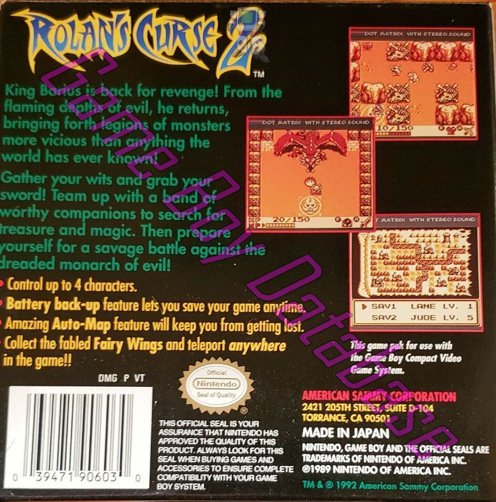 Rolan's Curse II USA Back of the box