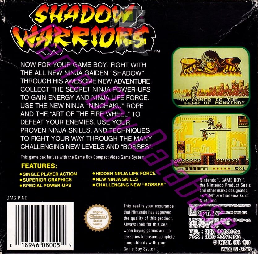 Shadow Warriors Ninja gaiden ASI Back of the box