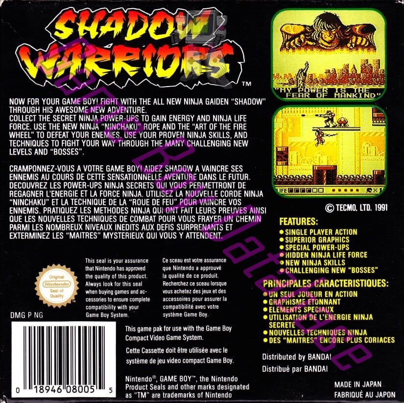 Shadow Warriors Ninja gaiden FAH Back of the box