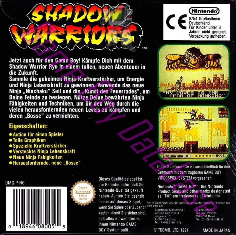 Shadow Warriors Ninja gaiden FRG Back of the box