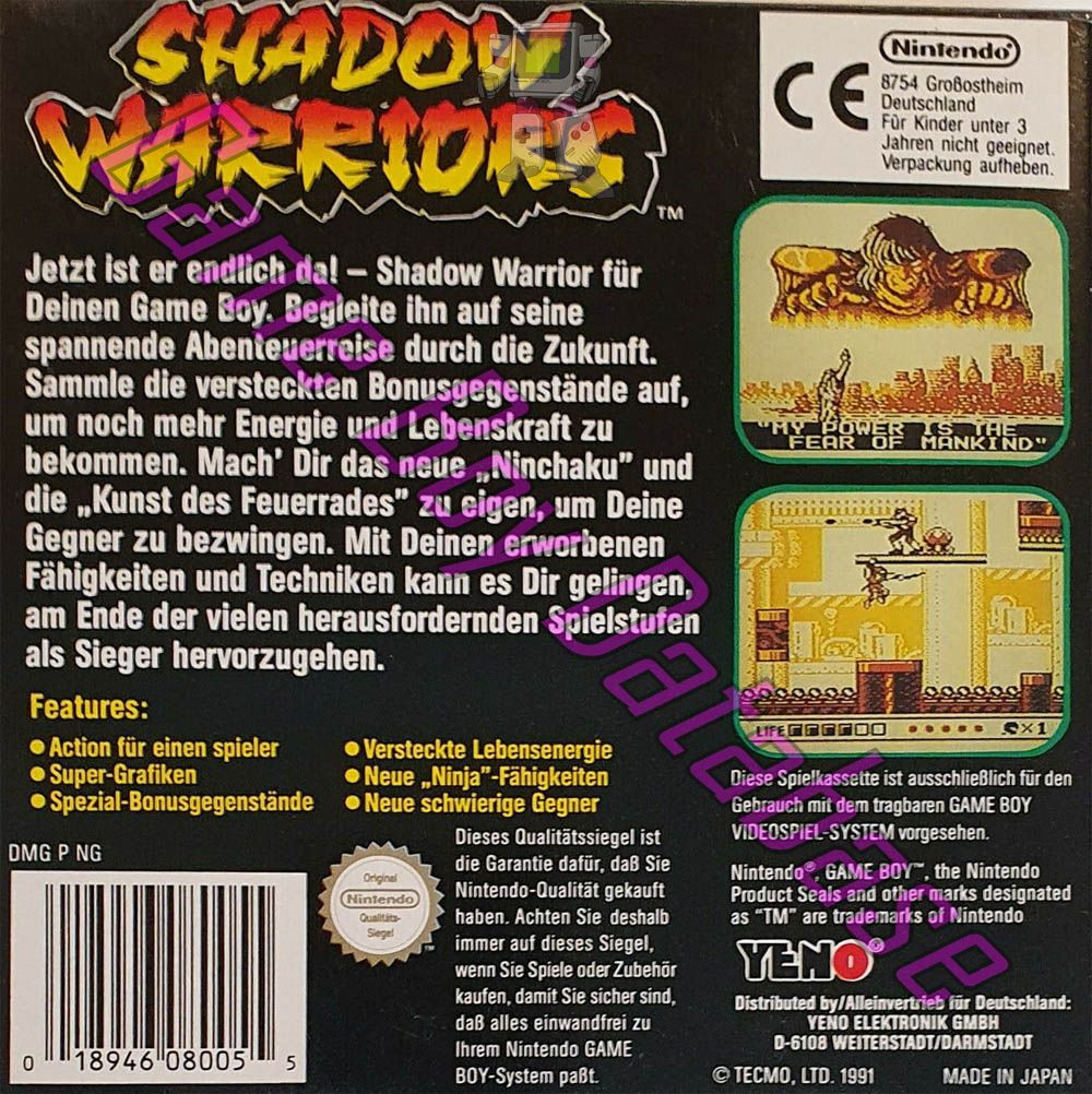 Shadow Warriors Ninja gaiden NOE Back of the box