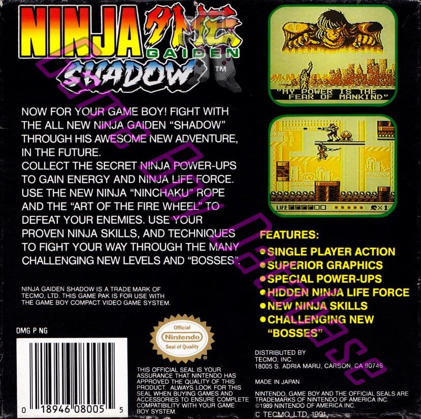 Ninja gaiden Shadow Warriors USA Back of the box