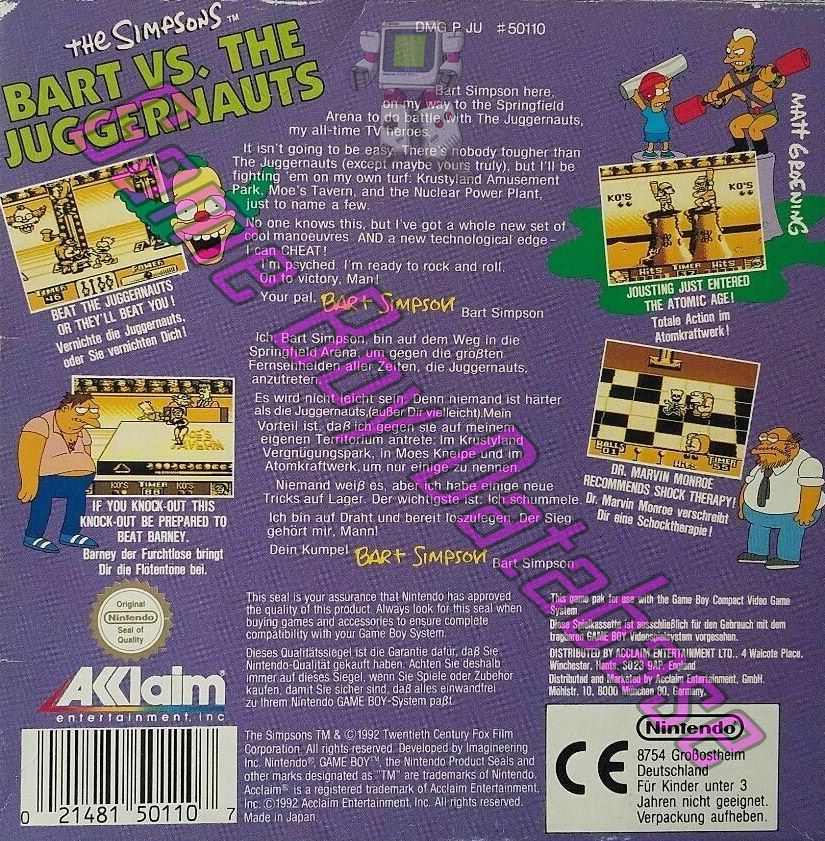 Simpsons Bart vs. the Juggernauts (the) NOE-1 Back of the box