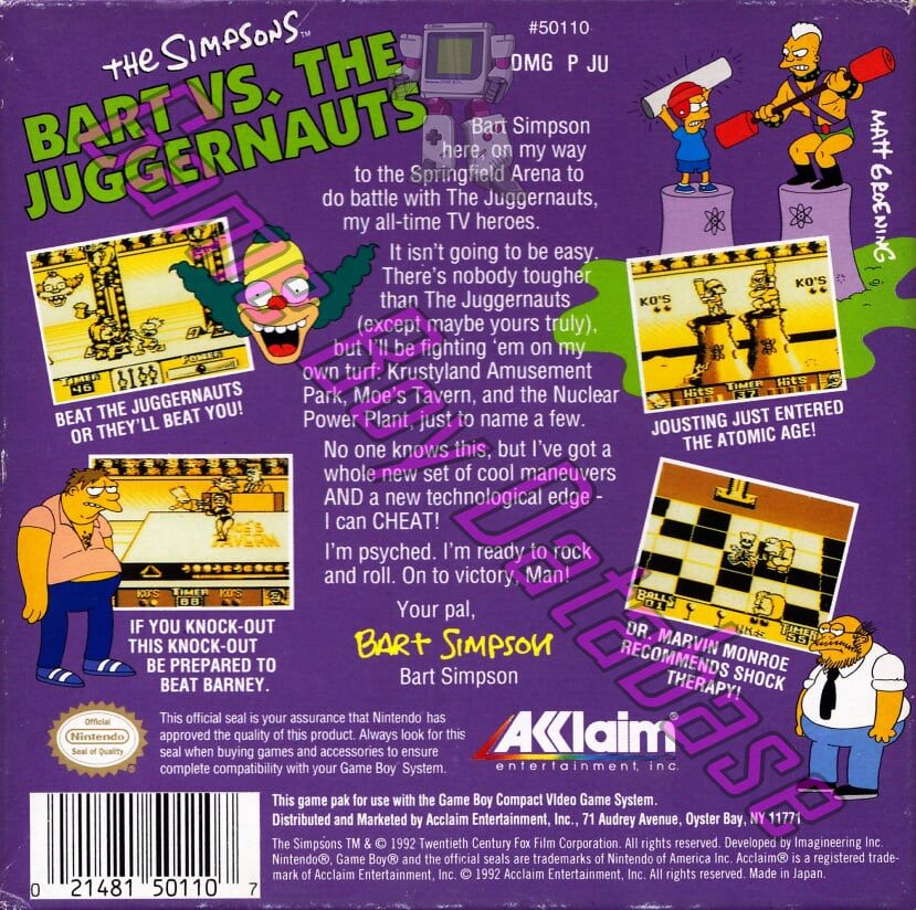 Simpsons Bart vs. the Juggernauts (the) USA Back of the box