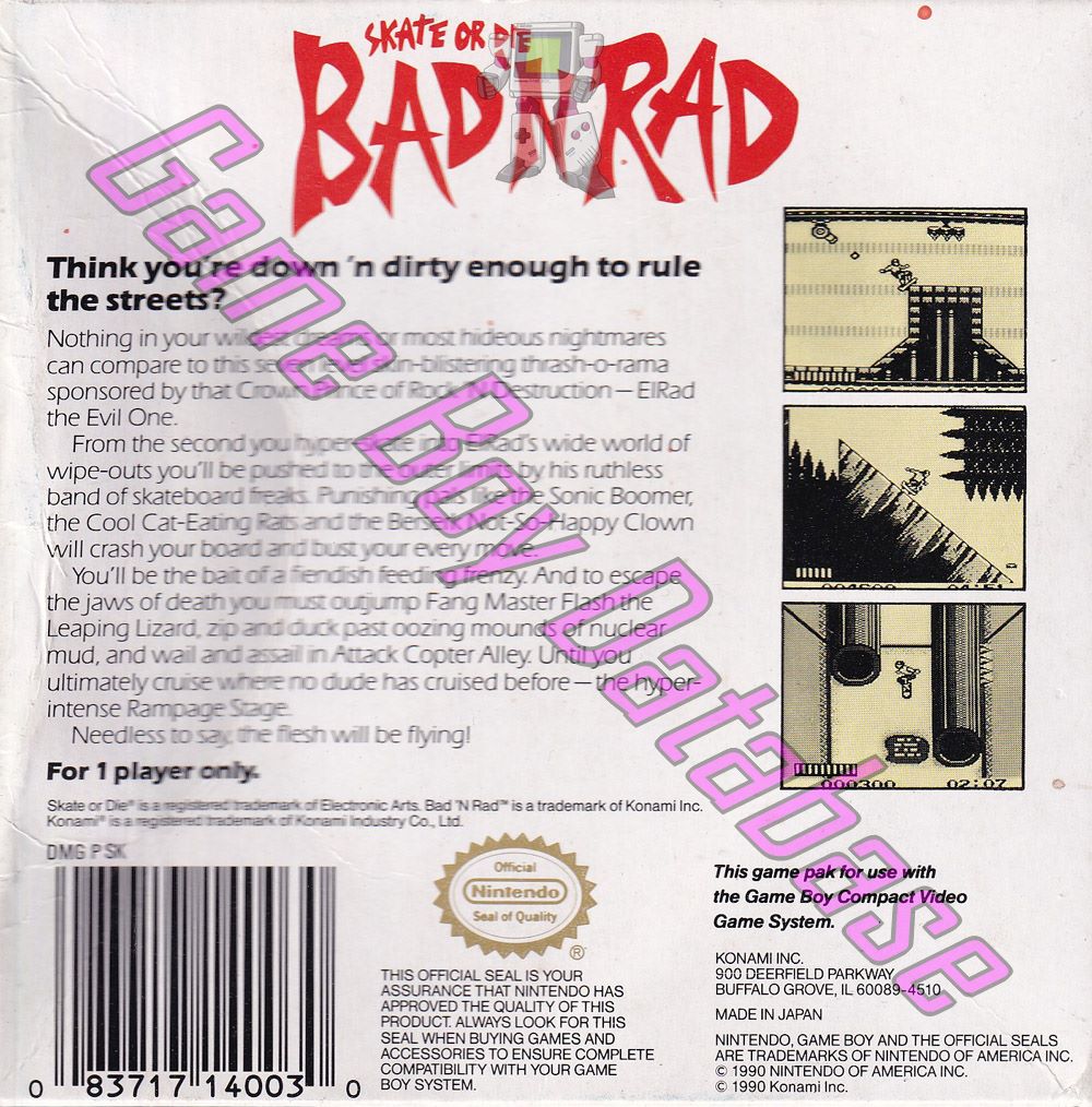 Bad'n Rad (Skate or Die) USA Back of the box