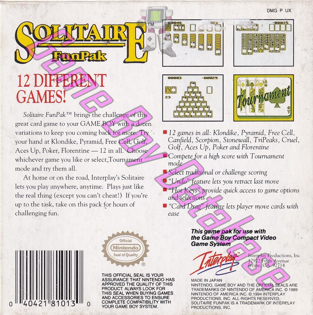 Solitaire Fun Pak USA Back of the box