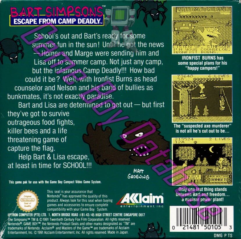 Bart Simpson's Escape from Camp Deadly ASI Back of the box