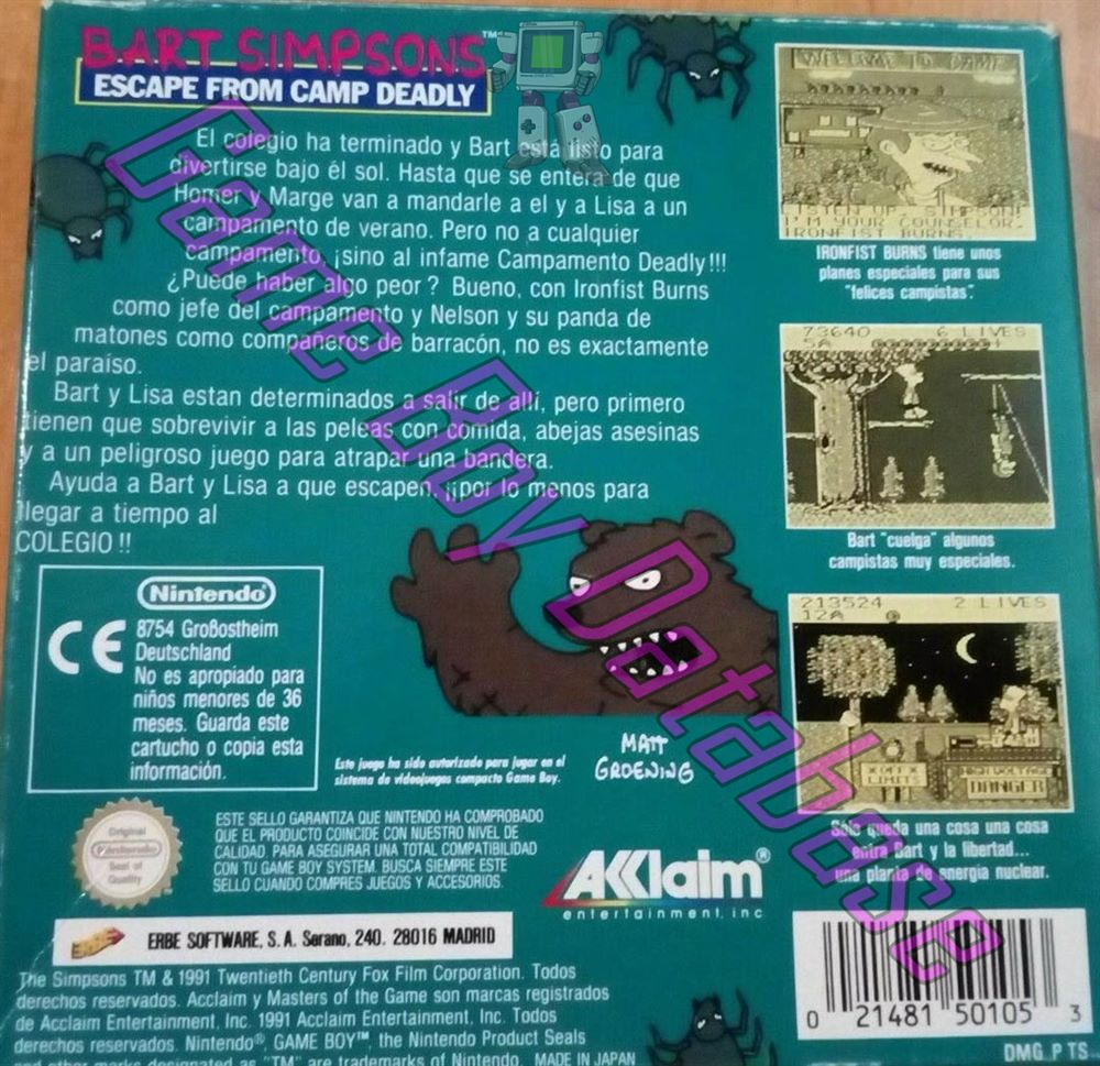 Bart Simpson's Escape from Camp Deadly ESP Back of the box