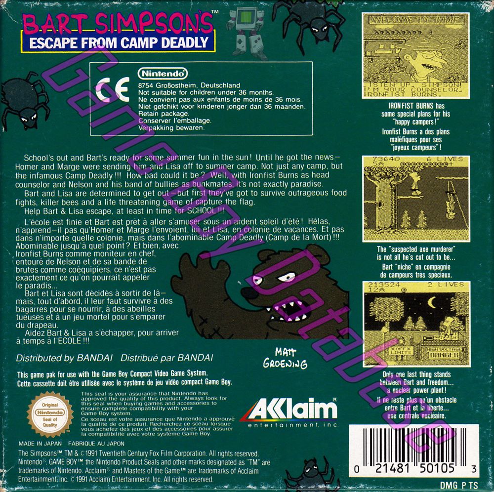 Bart Simpson's Escape from Camp Deadly FAH Back of the box