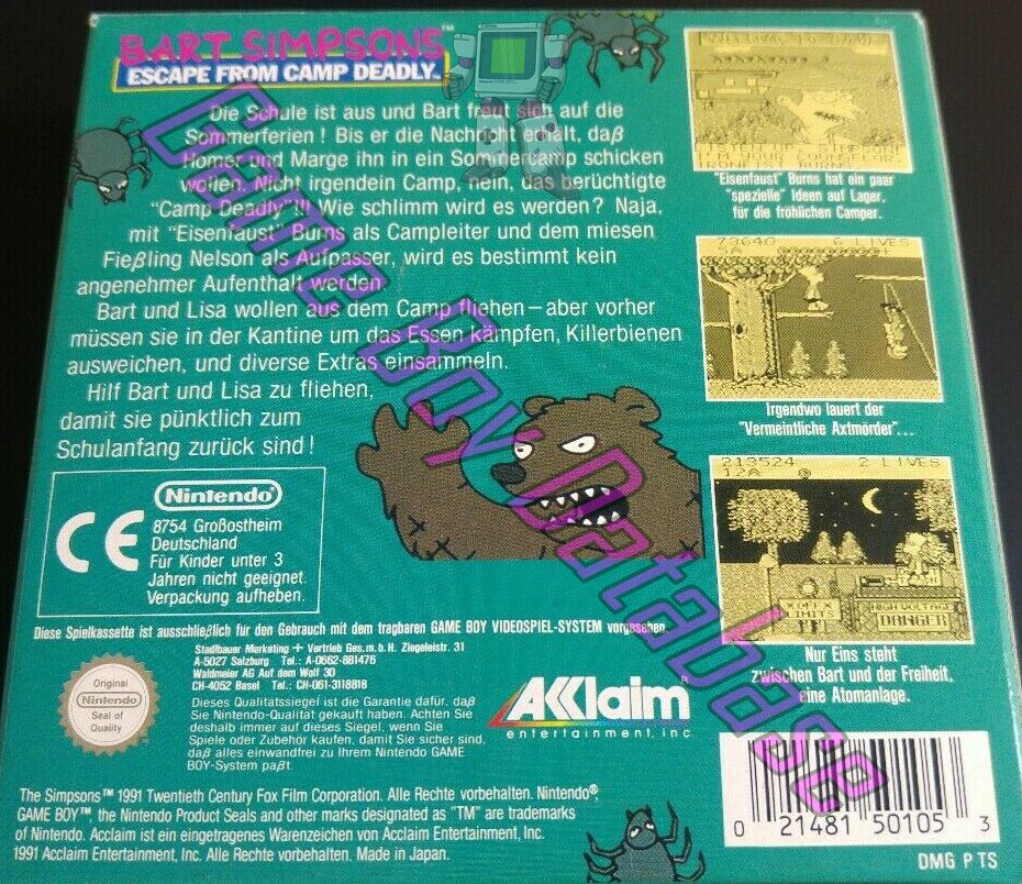 Bart Simpson's Escape from Camp Deadly FRG Back of the box