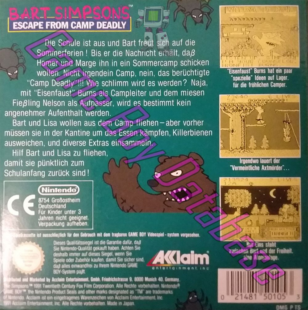 Bart Simpson's Escape from Camp Deadly NOE Back of the box