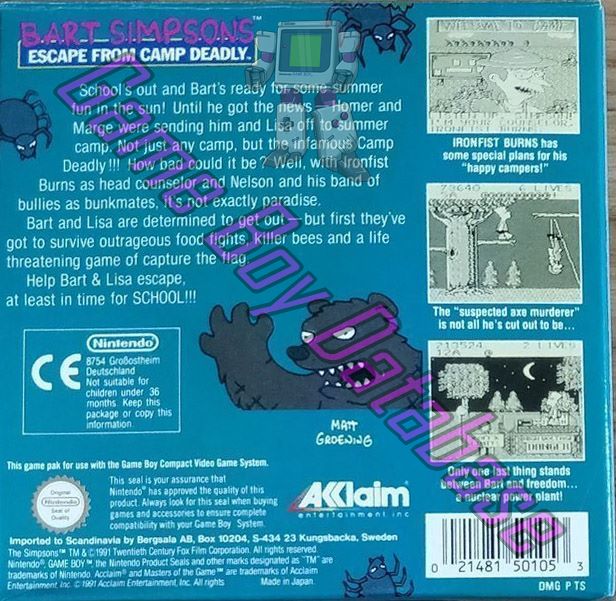 Bart Simpson's Escape from Camp Deadly SCN Back of the box