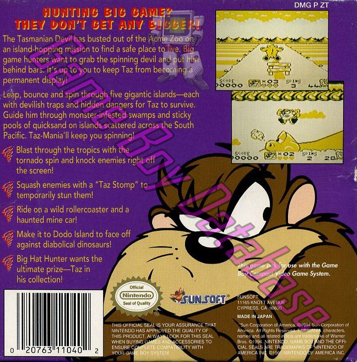 Taz-Mania USA Back of the box