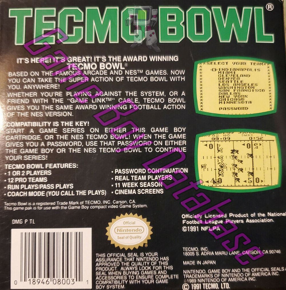 Tecmo Bowl USA-1 Back of the box