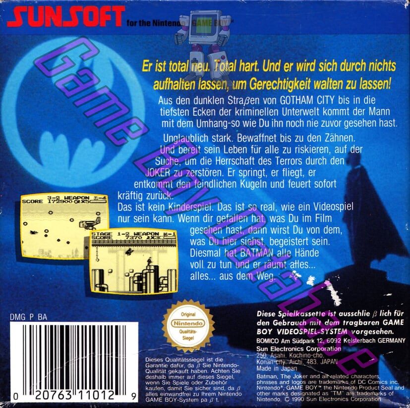 Batman the Video Game NOE Back of the box