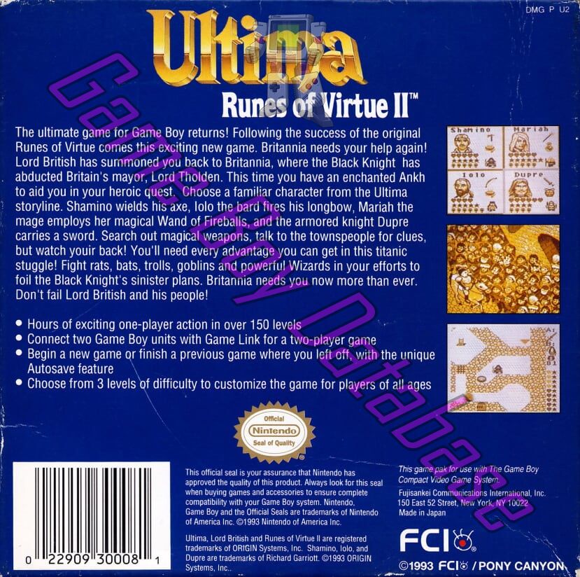 Ultima Runes of Virtue II USA Back of the box