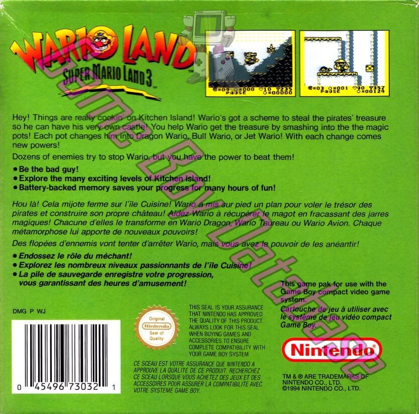 Wario Land: Super Mario Land 3 FAH Back of the box