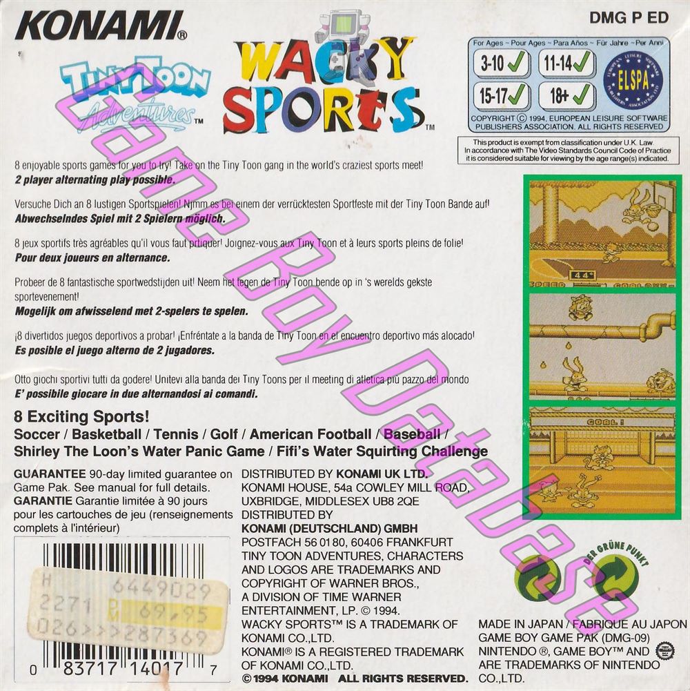 Tiny Toon Adventures Wacky Sports EUR-1 Back of the box