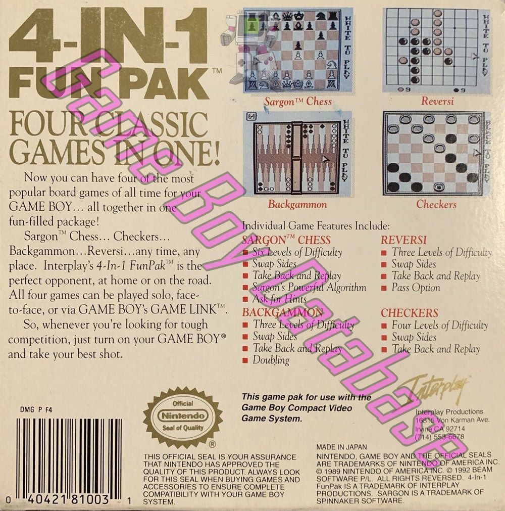 4 in 1 - Fun Pak USA-1 Back of the box