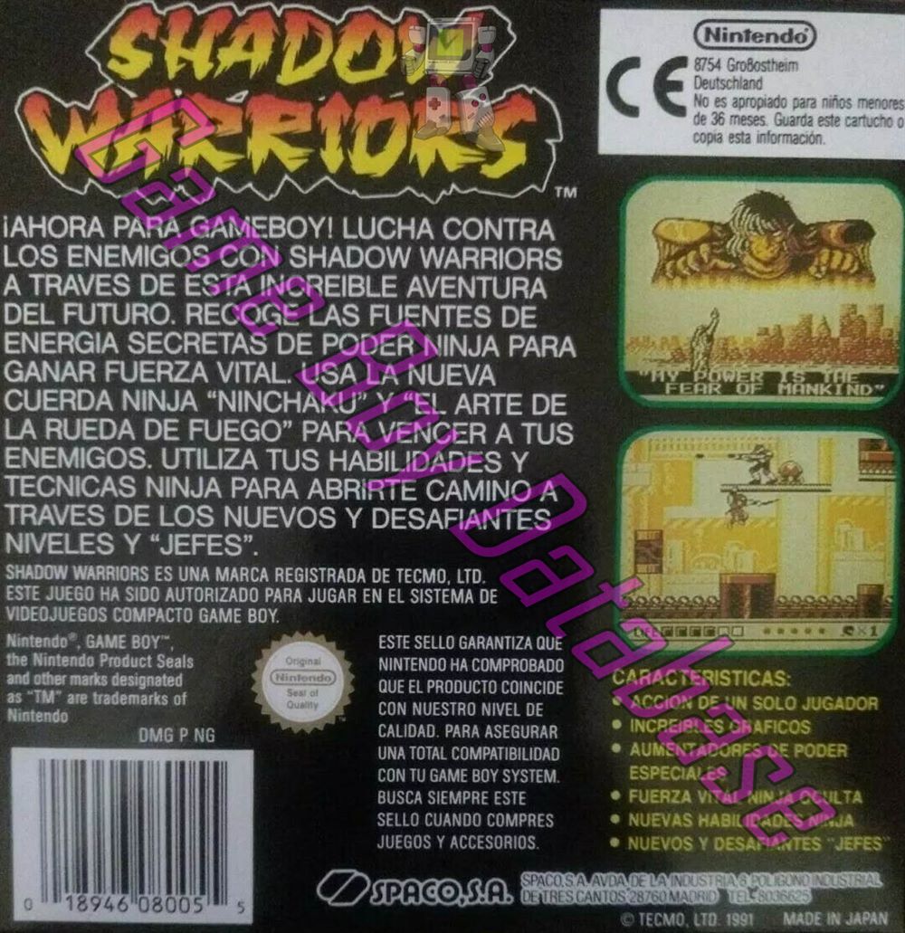 Shadow Warriors Ninja gaiden ESP-1 Back of the box