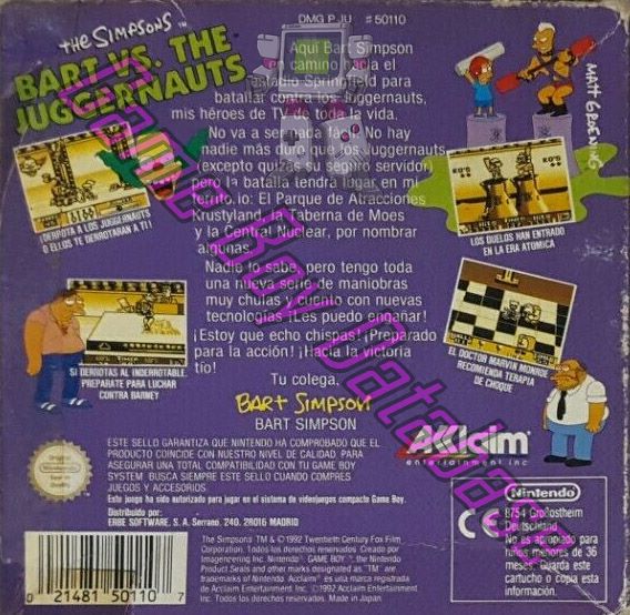 Simpsons Bart vs. the Juggernauts (the) ESP Back of the box